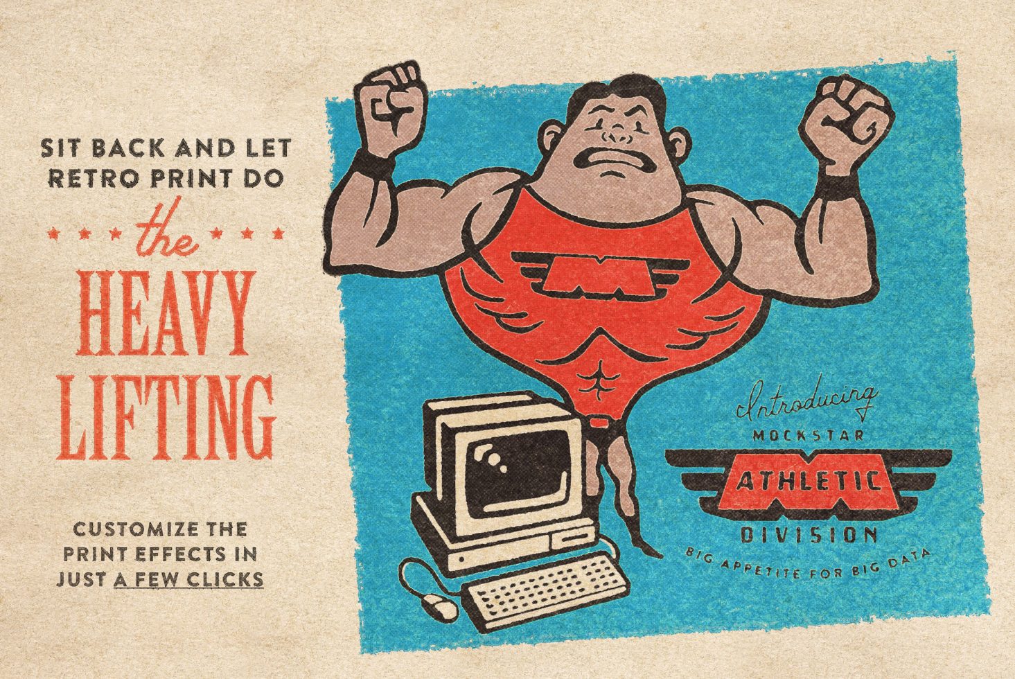 Vintage style graphic design featuring a strongman and retro computer, showcasing typography, textures, and print effects for creative assets.